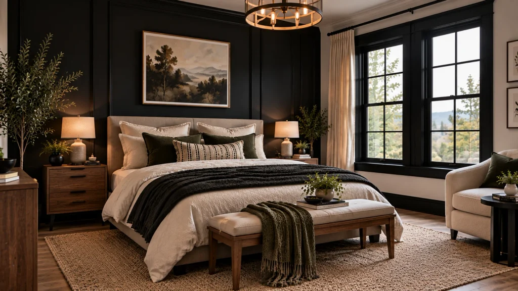 black-window-trim-accent-bedroom Bedroom with black-painted window trim against white walls