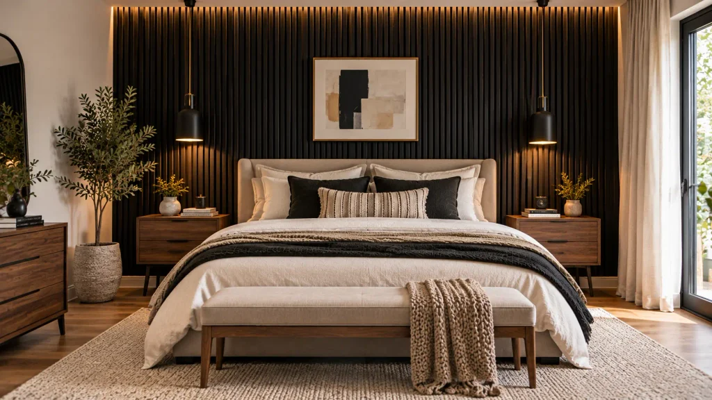 black-wood-slat-accent-wall-bedroom Vertical black wood slat accent wall in a modern bedroom