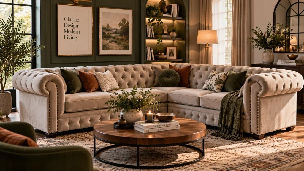 chesterfield-corner-sofa-design-tufted Tufted chesterfield corner sofa design with rolled arms