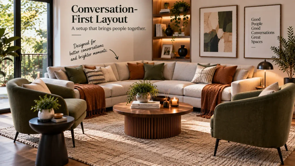 corner-sofa-design-conversation-layout Corner sofa design angled toward armchairs for a conversation area