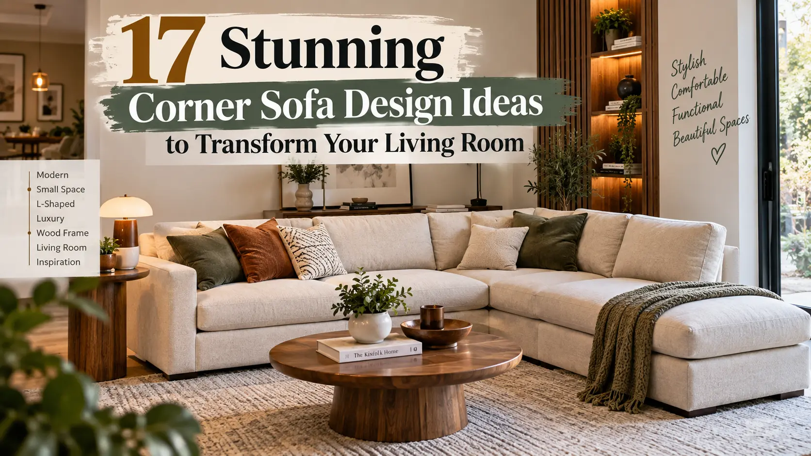 Modern corner sofa design in a bright living room with neutral upholstery and wood accents