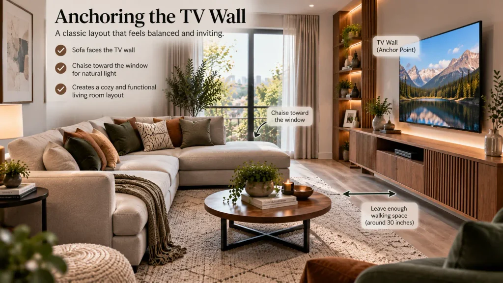 corner-sofa-design-tv-wall-layout Corner sofa design placed facing a TV media wall
