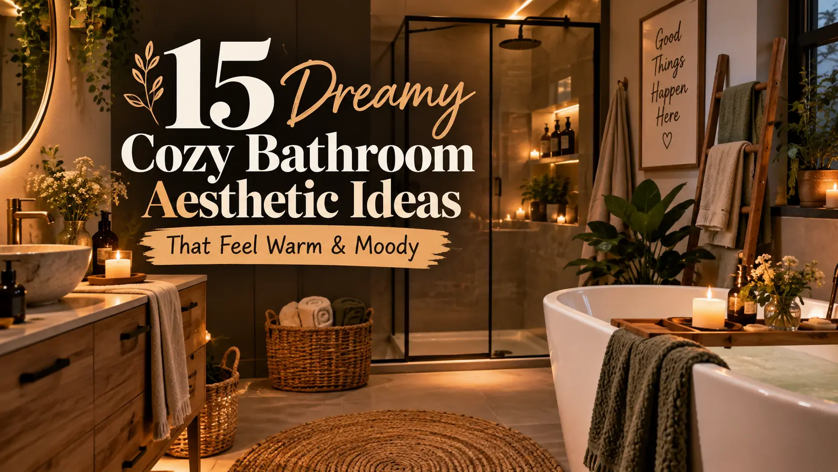 Cozy bathroom aesthetic with warm lighting, layered towels, and moody accent wall