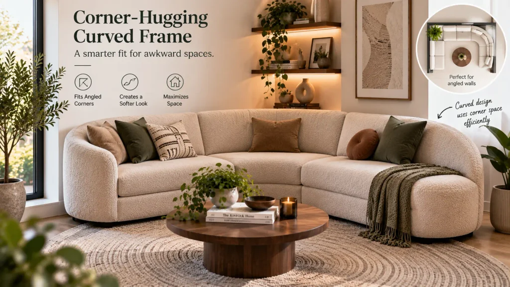 curved-corner-sofa-design-angled-wall Curved corner sofa design fitted into an angled living room wall
