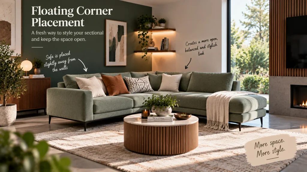 floating-corner-sofa-design-console-table Corner sofa design floated in the room with a console table behind it