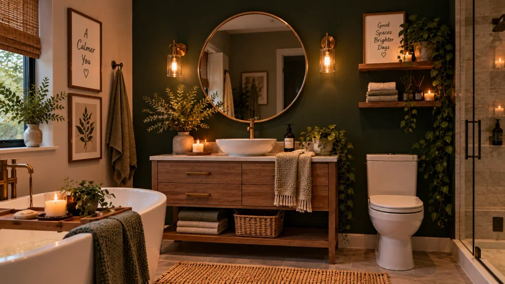 forest-green-moody-bathroom-accent-wall Forest green accent wall for moody bathroom ideas