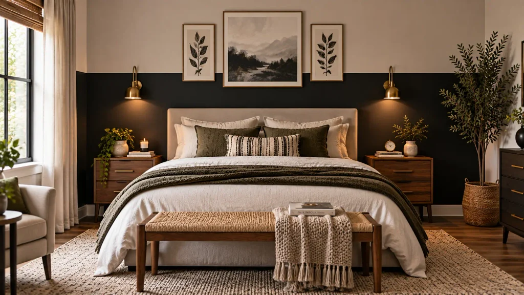 half-painted-black-accent-wall Bedroom wall painted black on the bottom half with white trim above