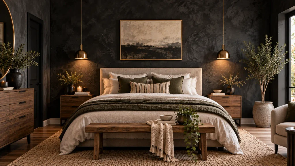limewash-black-accent-wall Limewash-textured black accent wall in a bedroom