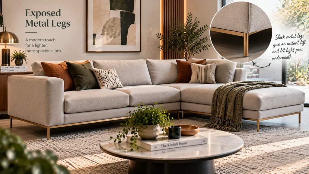 metal-leg-corner-sofa-design-modern Modern corner sofa design with exposed brass metal legs