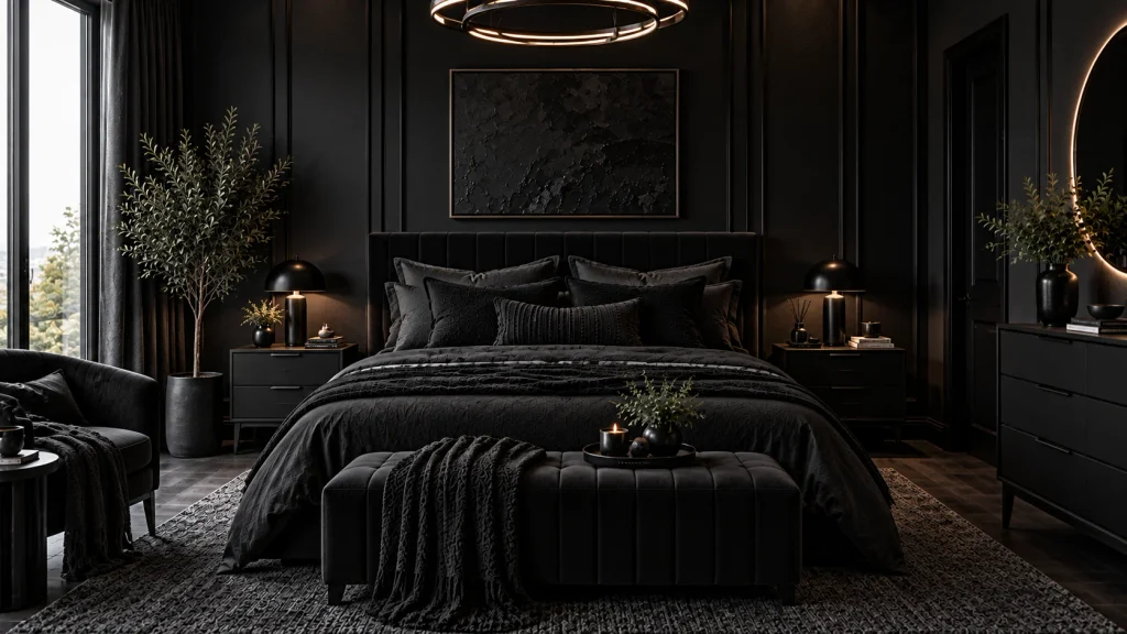 monochromatic-black-bedroom All-black monochromatic bedroom with varied textures