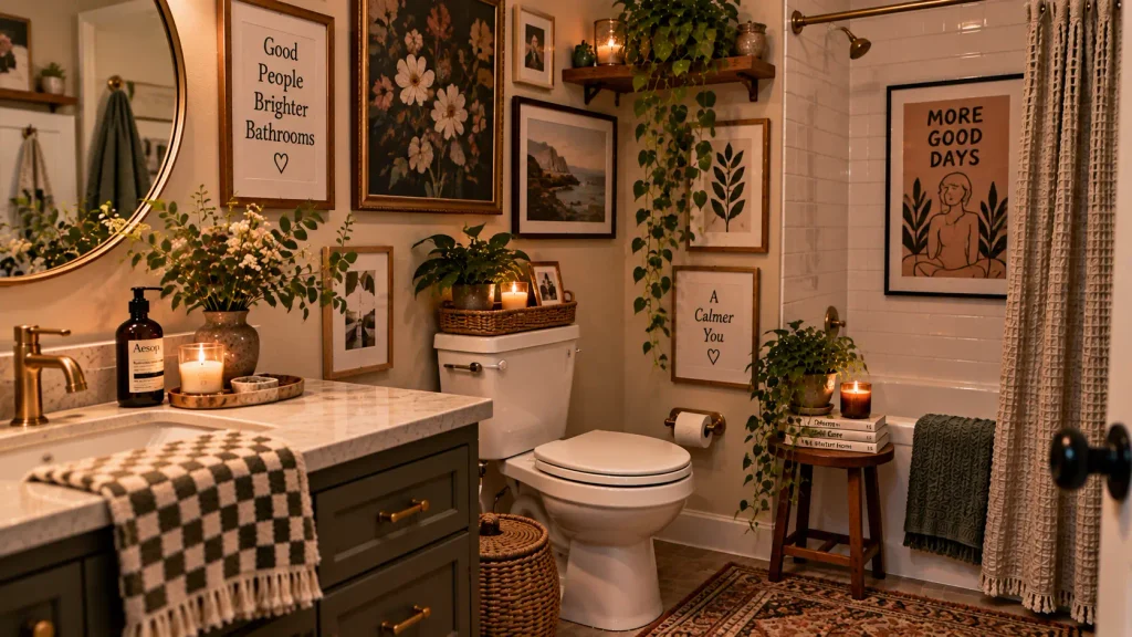 personalized-framed-art-bathroom-wall Personalized framed art in cozy bathroom aesthetic