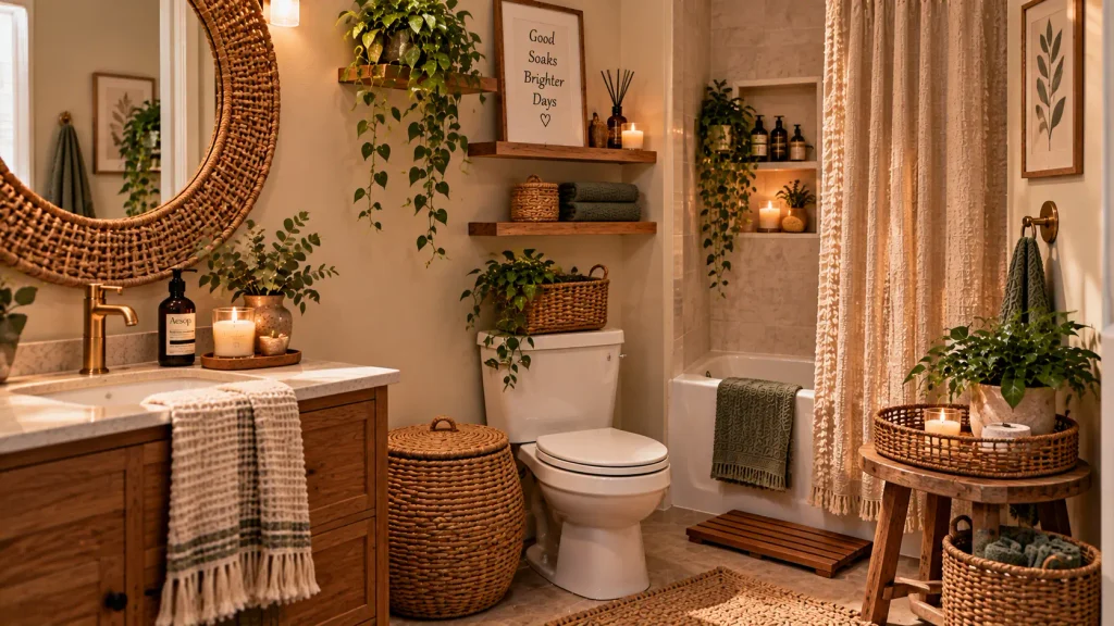 rattan-mirror-frame-cozy-bathroom Rattan mirror frame in cozy bathroom aesthetic