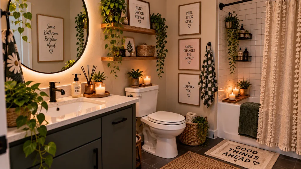 renter-friendly-apartment-bathroom-decor Renter-friendly apartment bathroom decor setup