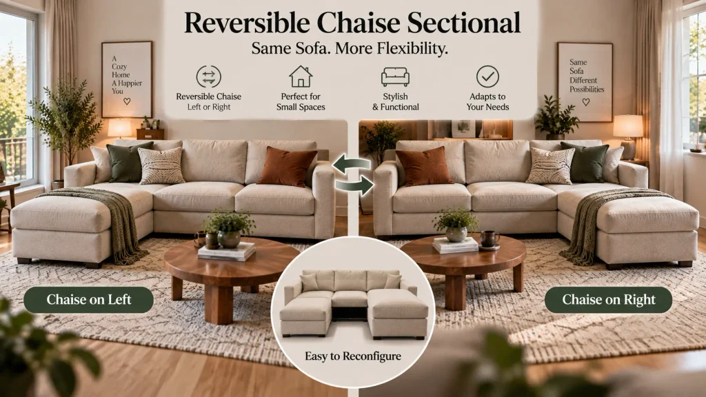small-corner-sofa-design-reversible-chaise Small corner sofa design with reversible chaise in compact living room