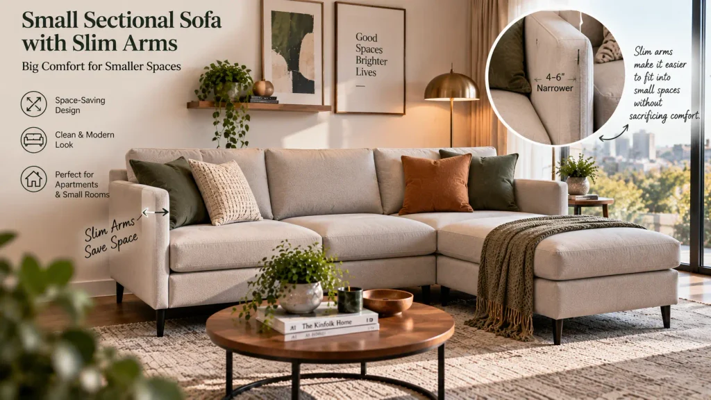 small-sectional-sofa-slim-arms-living-room Small sectional sofa with slim track arms in a small living room