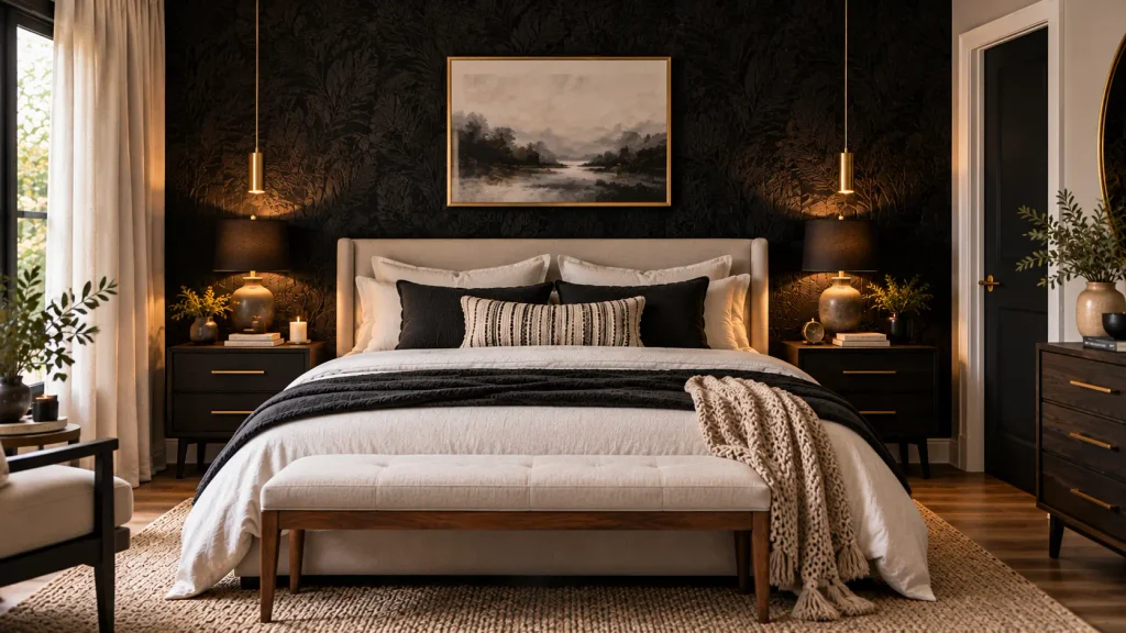 textured-black-wallpaper-bedroom Bedroom with textured black wallpaper accent wall