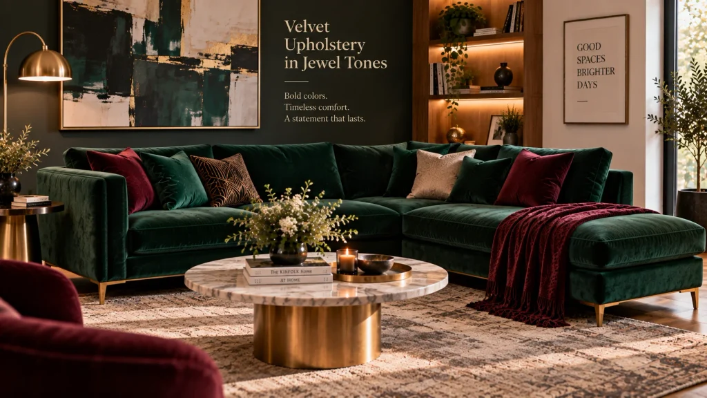 velvet-corner-sofa-design-jewel-tone Luxury corner sofa design upholstered in emerald velvet