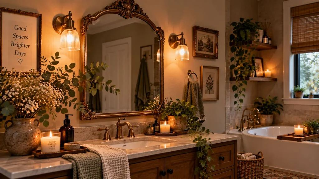 vintage-brass-scalloped-bathroom-mirror Vintage brass mirror in cozy bathroom aesthetic