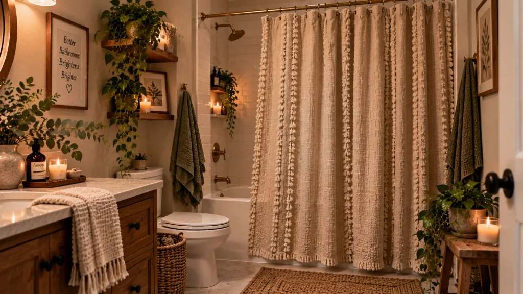waffle-weave-oat-shower-curtain Textured oat shower curtain in cozy bathroom aesthetic