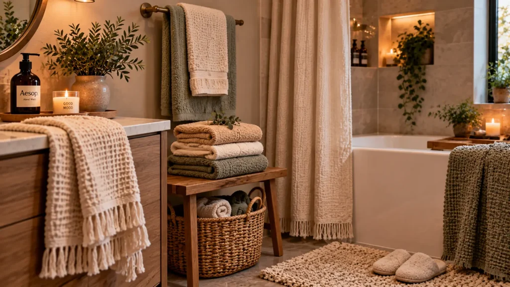 waffle-weave-towels-cozy-bathroom Waffle-weave towels layered in cozy bathroom aesthetic