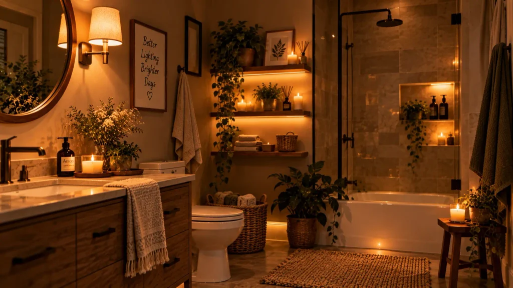 warm-2700k-bathroom-sconce-lighting Warm plug-in sconce lighting in cozy bathroom aesthetic