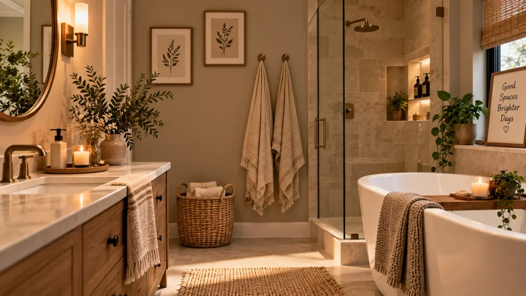 warm-greige-bathroom-wall-paint Warm greige paint on cozy bathroom aesthetic wall