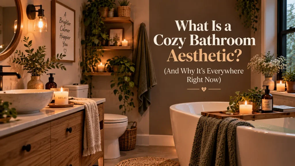 what-is-cozy-bathroom-aesthetic Mood board showing the cozy bathroom aesthetic trend