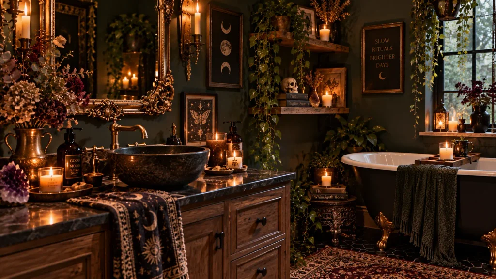 whimsigoth-bathroom-decor-moon-mirror Whimsigoth bathroom decor with brass moon mirror