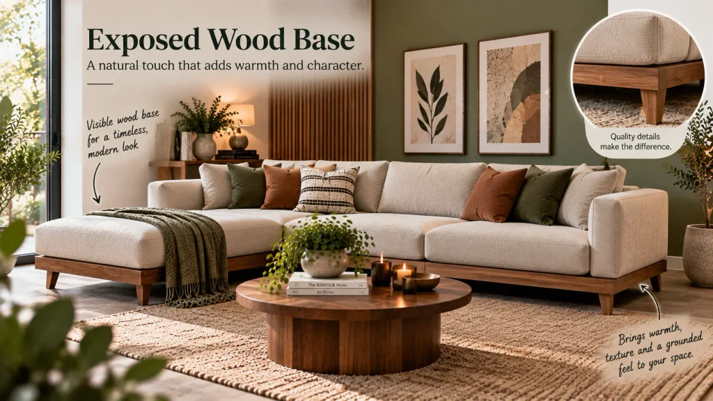 wood-base-corner-sofa-design-oak Corner sofa design with exposed oak wood base trim
