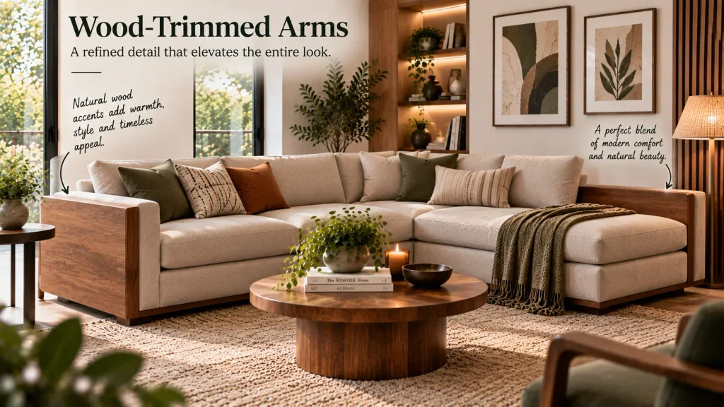 wood-trimmed-arms-corner-sofa-design Corner sofa design with wood-trimmed armrests in a Scandinavian living room