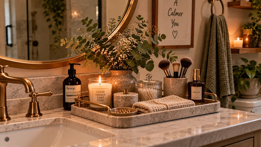 wooden-vanity-tray-bathroom-styling Wooden vanity tray styled in cozy bathroom aesthetic