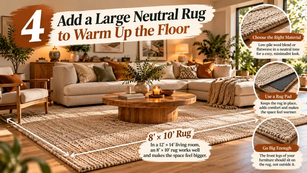 Large neutral wool rug under a sofa and chair in a minimalist living room