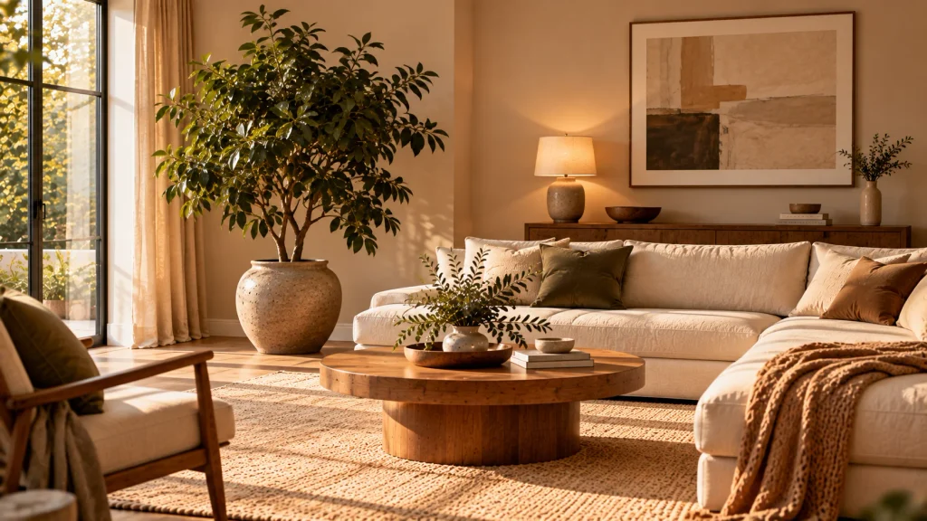 One large leafy plant in a simple ceramic pot in the corner of a minimalist living room