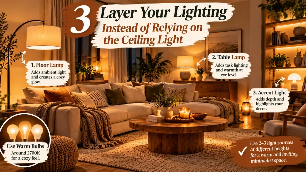 Warm floor lamp, table lamp, and small accent light layered in a cozy minimalist living room