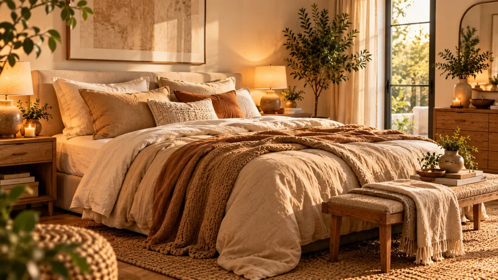 Minimalist cozy bedroom with cream linen bedding, two pillows, and a folded blanket