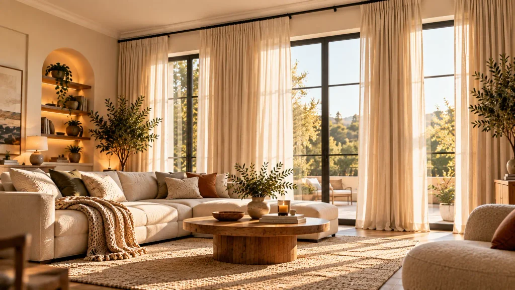 Cream linen curtains hung close to the ceiling and falling to the floor in a bright minimalist room