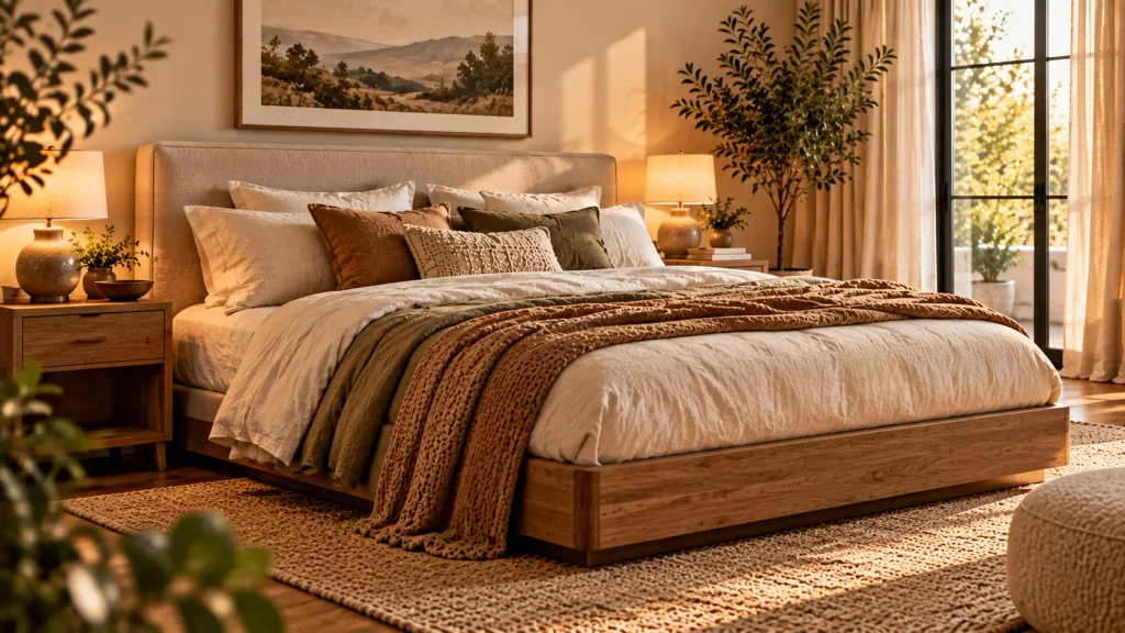 Low light oak platform bed with plain lines in a warm minimalist bedroom