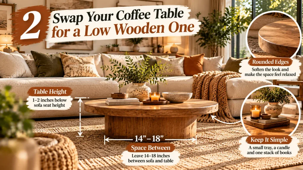 Low round wooden coffee table with a tray, candle, and stack of books in a minimalist living room