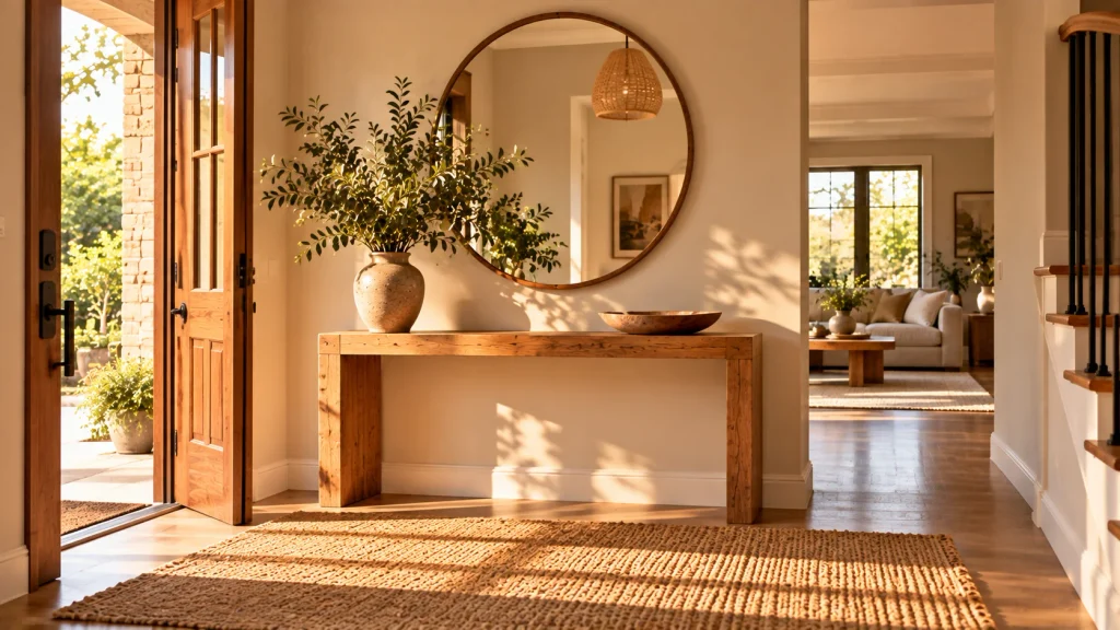 Cozy minimalist entryway with a slim bench, woven shoe basket, and round mirror