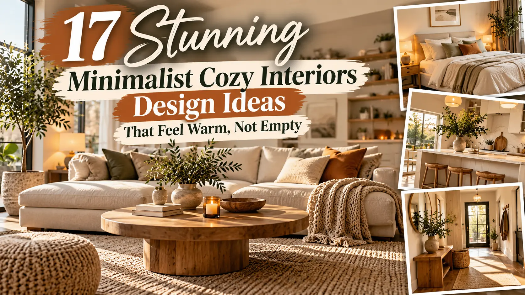 Minimalist cozy interiors living room with a neutral linen sofa, wool throw, and warm floor lamp