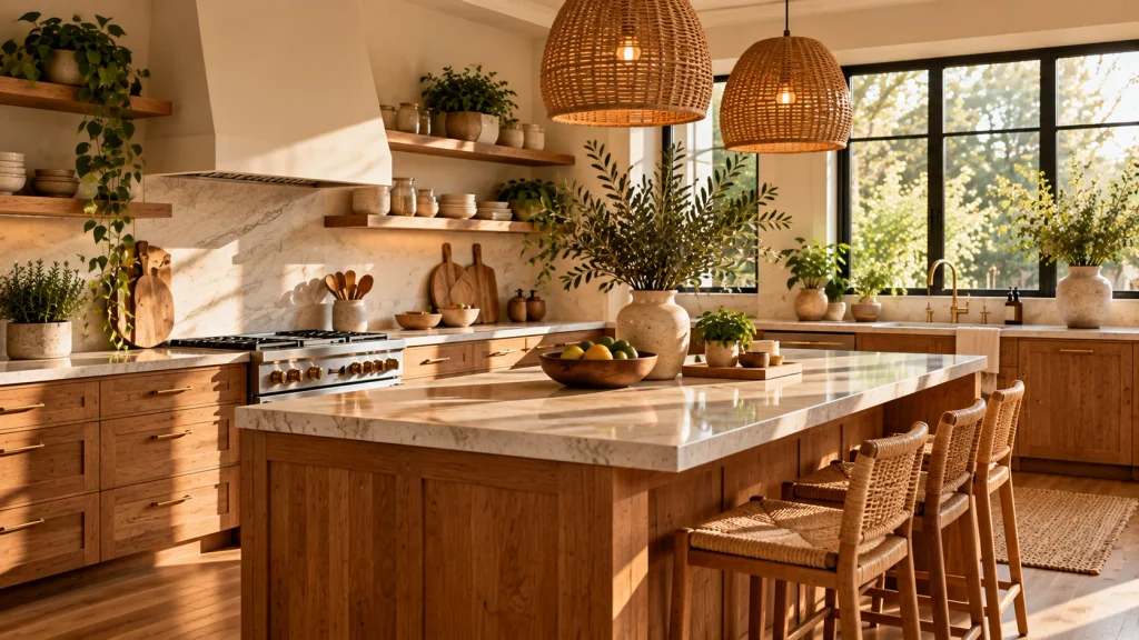 Minimalist kitchen with light oak shelves, a wooden cutting board, and ceramic bowls on the counter