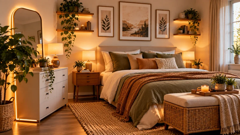 Plug-in wall lamp and removable hooks used for rental-friendly decor in a minimalist apartment