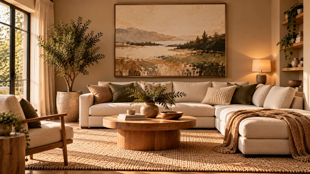 Large abstract print in warm tones hung above a neutral sofa in a minimalist home