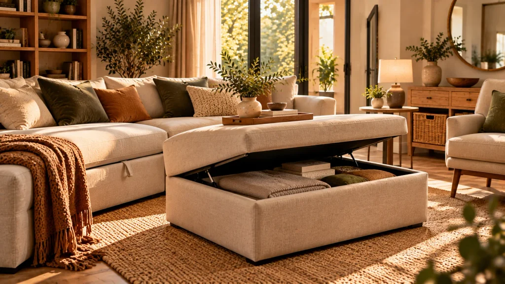 Storage ottoman used as a coffee table in a small minimalist living room