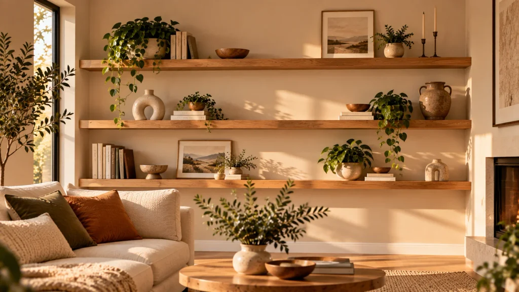 Open shelves styled with ceramics, books, and one small plant with empty space left on each shelf